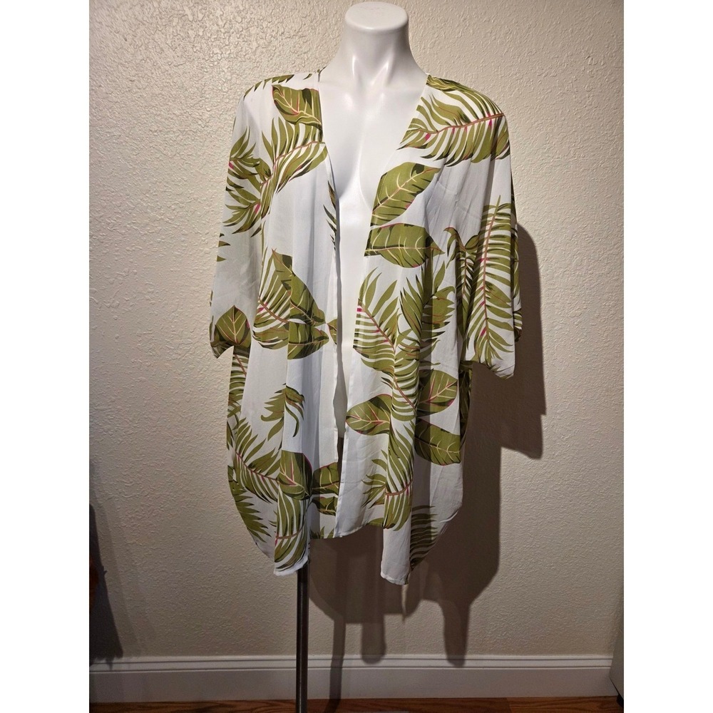 Davi &‎ Dani Tropical Palm Leaf Kimono Cardigan Green White Pink Floral Medium